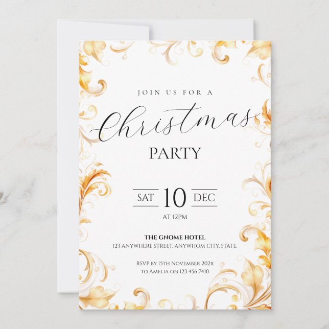 Invitación Navidades simples de follaje de oro (Anverso)