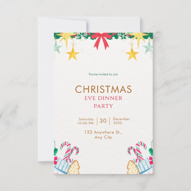 Invitación Navidades simples verdes Fiesta de cena (Anverso)