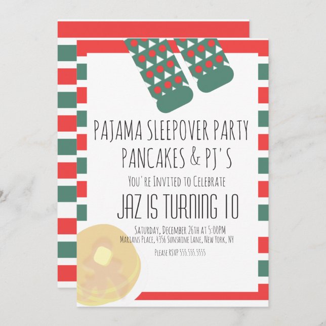 Invitación Navidades Sleepover Pajamas Pancakes Cumpleaños (Anverso / Reverso)