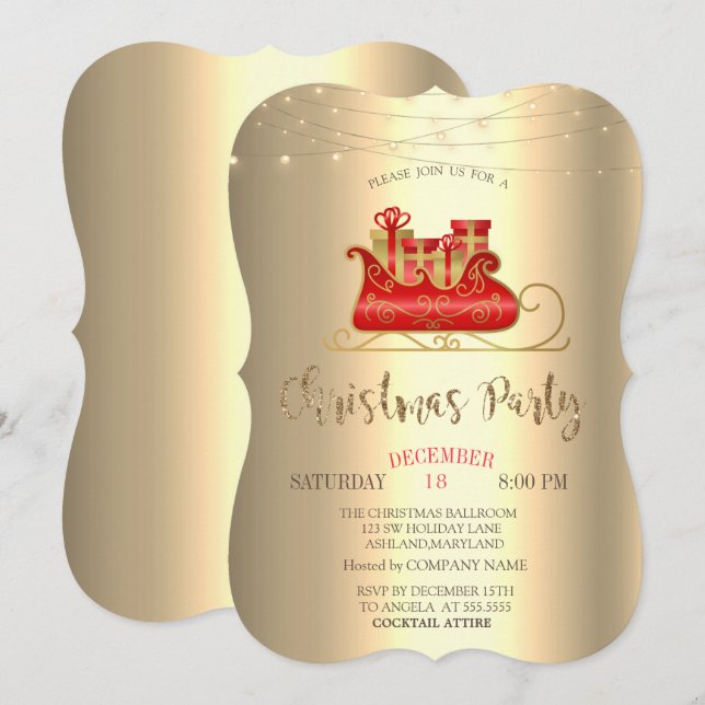 Invitación Navidades Sleigh, String Lights Gold Company (Anverso / Reverso)