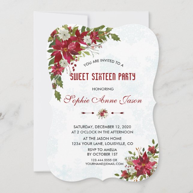 Invitación Navidades Snowflakes Poinsettia Sweet Dieciséis (Anverso)