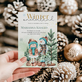 Invitación Navidades Snowman, Chica de la Nieve en oro verde 