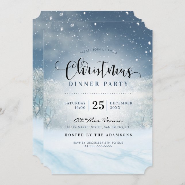 Invitación Navidades Snowy Winter Wonderland Fiesta de cena (Anverso / Reverso)