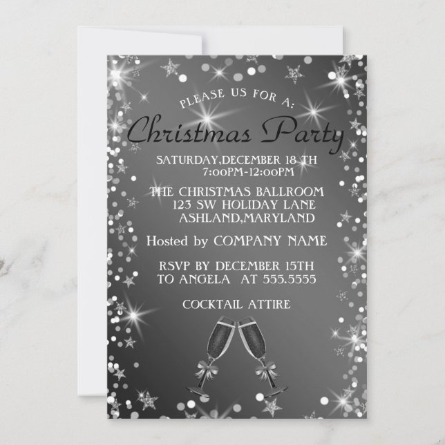 Invitación Navidades Sparkly Silver Glass of Champagne (Anverso)