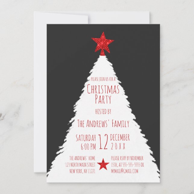Invitación Navidades Star Tree de Purpurina blanco rojo simpl (Anverso)