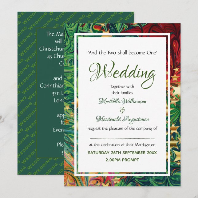 Invitación NAVIDADES STARS Festividad Boda Oro Verde Rojo (Anverso / Reverso)