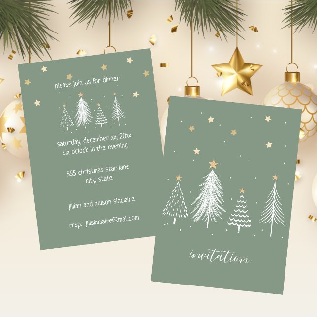 Invitación Navidades Stars Gold y Green Fiesta (Christmas Stars Gold and Green Party Invitation)