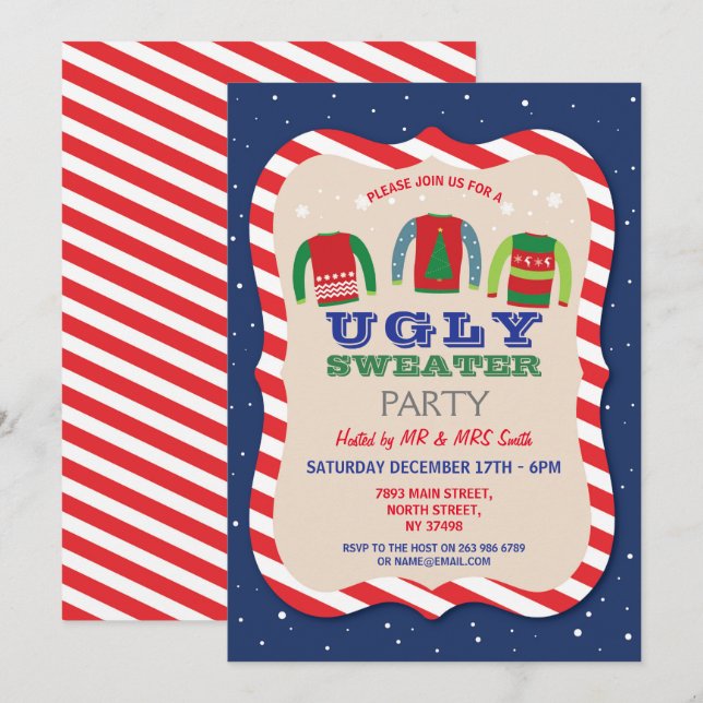Invitación Navidades suéter fea Fiesta de vacaciones (Anverso / Reverso)