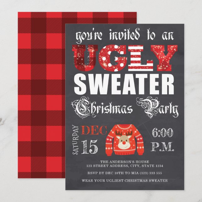 Invitación Navidades suéteres feos Fiesta Chalkboard Red (Anverso / Reverso)