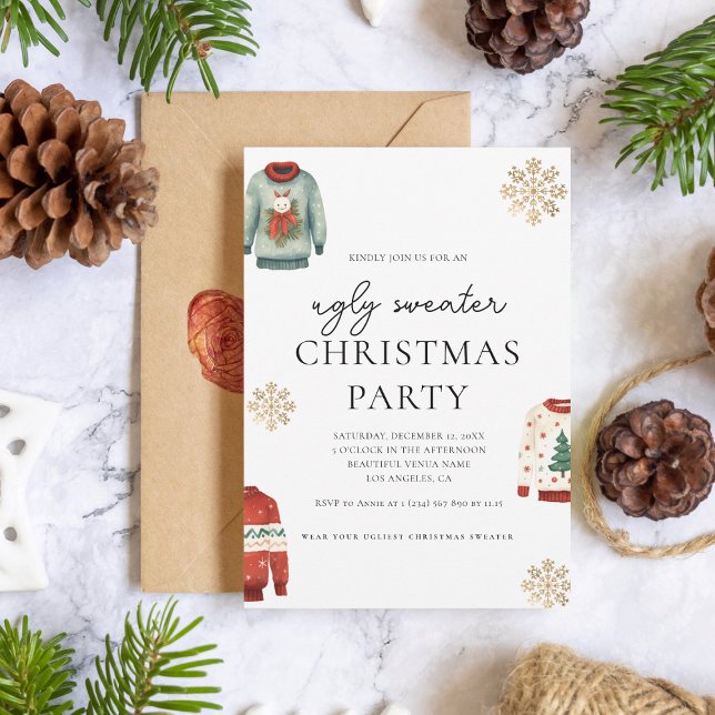 Invitación Navidades suéteres feos Fiesta Copo de nieve dorad (Subido por el creador)