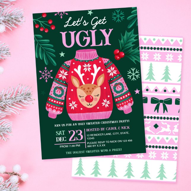 Invitación Navidades suéteres feos Fiesta reno y holly (Ugly Sweater Christmas Party Reindeer and Holly Invitation)