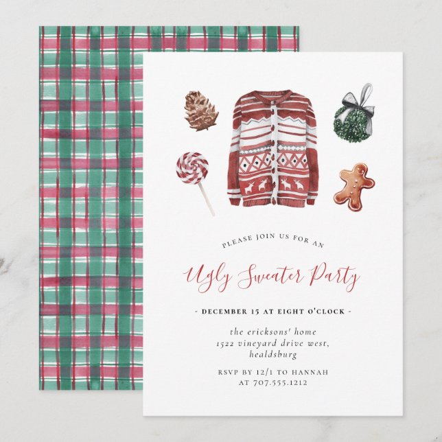 Invitación Navidades suéteres feos Fiesta Watercolor Flannel  (Anverso / Reverso)