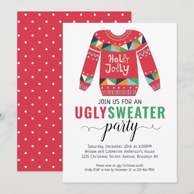 Invitación Navidades suéteres feos Holly Jolly Holiday Party (Anverso / Reverso)