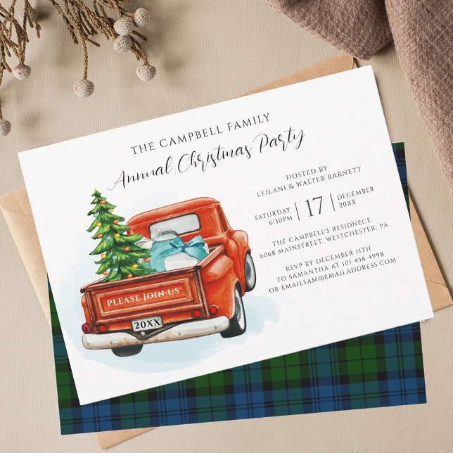 Invitación Navidades Tartán del Camión Rojo Campbell de Vinta (Plaid Campbell Military Christmas Party Invitation with Red Truck)
