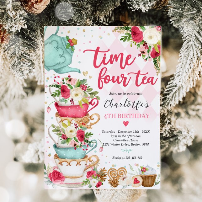 Invitación Navidades Tea Cumpleaños Hora de Fiesta Cuatro Fie (Subido por el creador)