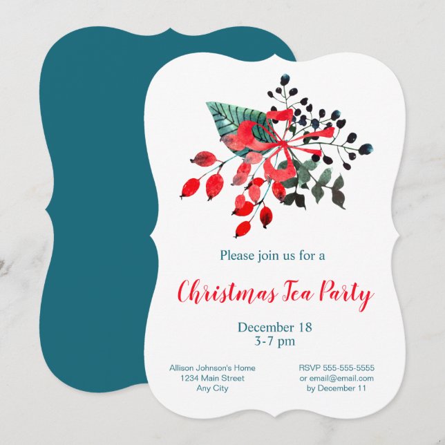 Invitación Navidades Tea Fiesta Bouquet rojo y Verde azulado  (Anverso / Reverso)