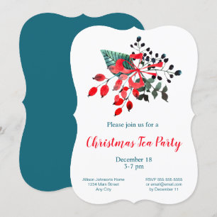 Invitación Navidades Tea Fiesta Bouquet rojo y Verde azulado
