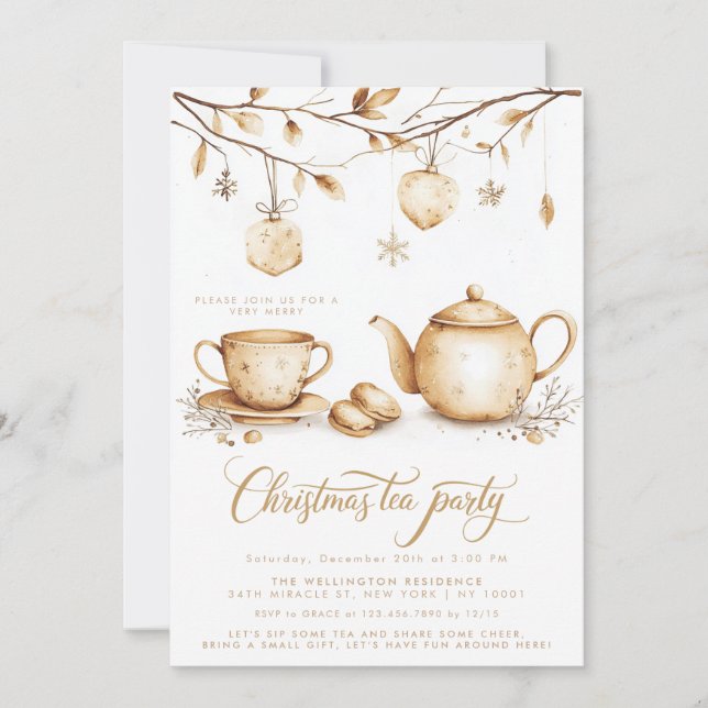 Invitación Navidades Tea Fiesta Minimalista Elegante Boho (Anverso)