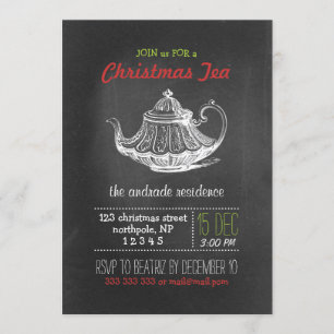 Invitación Navidades Tea Fiesta Vintage Chalkboard Teapot Red