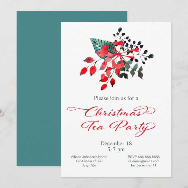 Invitación Navidades Tea Fiesta Winter Berries Floral (Anverso / Reverso)