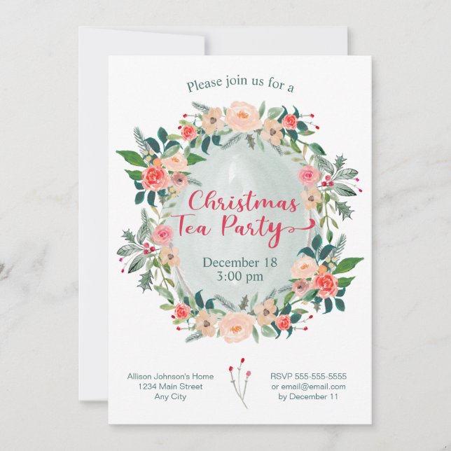 Invitación Navidades Tea Fiesta Winter Floral (Anverso)