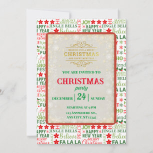 Invitación Navidades Tipografía Patrón rojo y verde sin foco