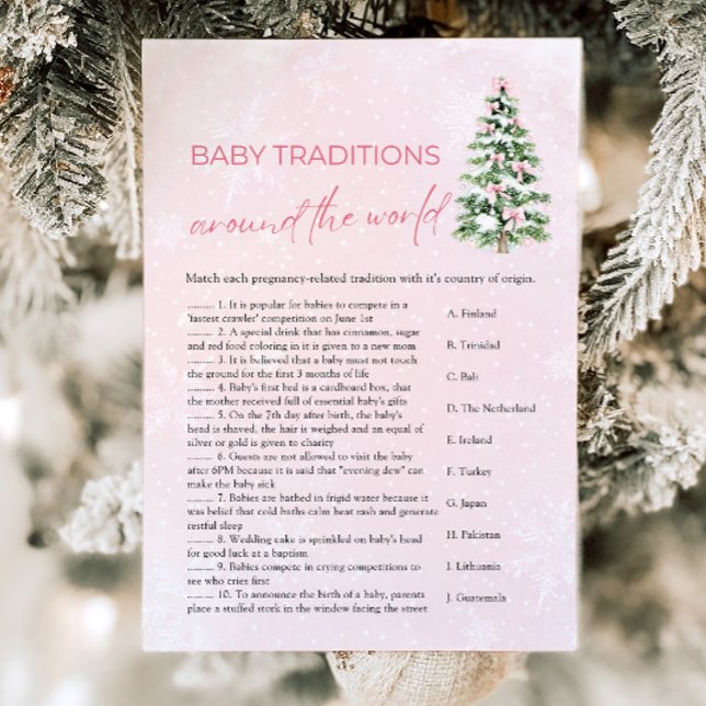Invitación Navidades Tradiciones de Bebé En Todo El Mundo (Pink Bow Christmas Baby Traditions Around The World Game)
