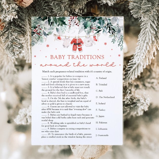 Invitación Navidades Tradiciones de Bebé En Todo El Mundo (Watercolor Cute Christmas Baby Traditions Around The World Baby Shower Game)