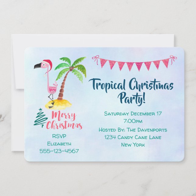 Invitación Navidades tropicales Fiesta Pink Flamingo (Anverso)