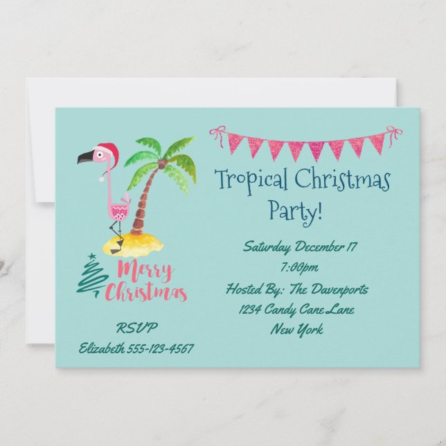 Invitación Navidades tropicales Fiesta Pink Flamingo (Anverso)