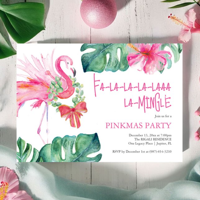 Invitación Navidades tropicales Fiesta Watercolor Flamingo (Christmas invitations watercolor pink flamingo tropical art by Victoria Grigaliunas Do Tell A Belle)