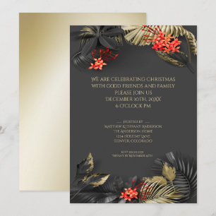Invitación Navidades tropicales follaje negro de oro de Crims