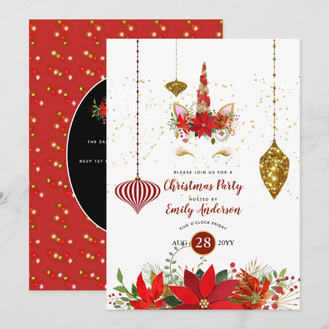 Invitación Navidades Unicorn Face Fiesta Red Gold Fun Moderno (Anverso / Reverso)