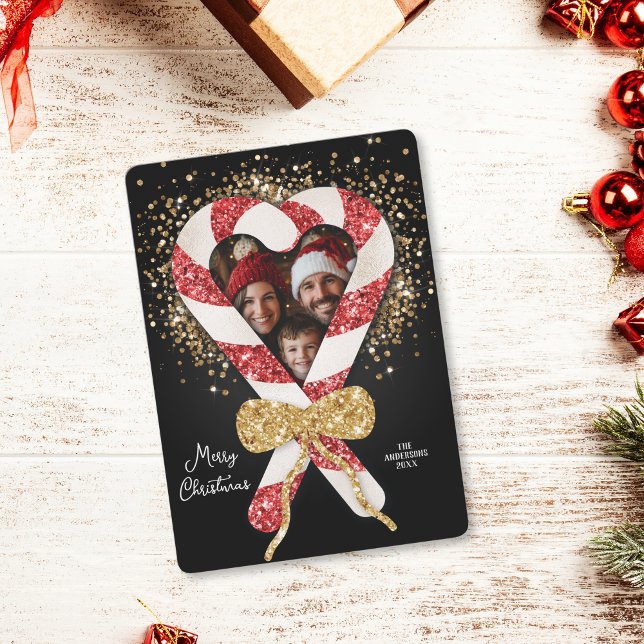 Invitación Navidades únicos de fotos de cuadros de caramelos  (glitter candy cane photo frame christmas card)