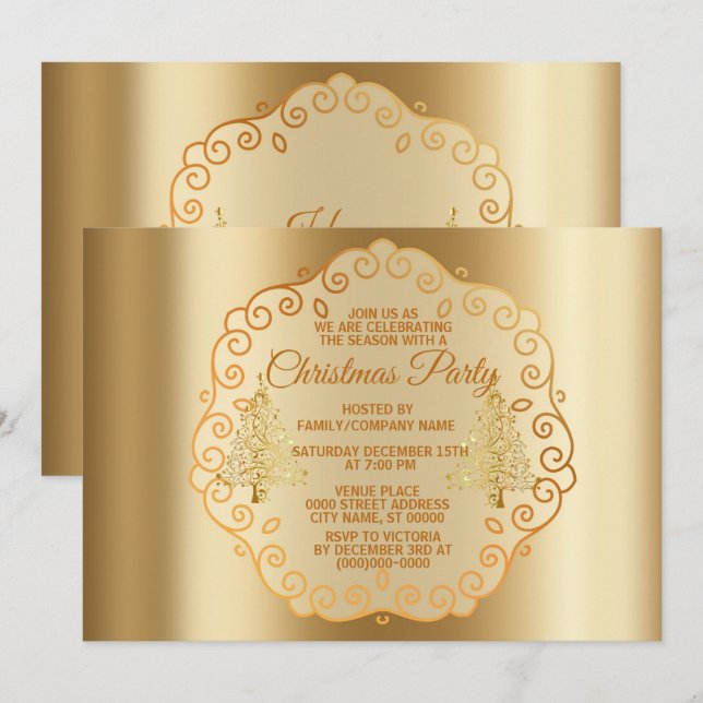 Invitación Navidades Vacaciones brillantes de Oro (Anverso / Reverso)