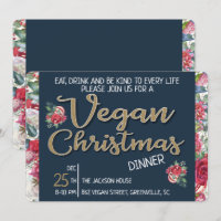 Navidades veganos retro azul y dorado floral