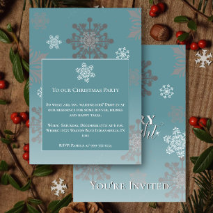 Invitación Navidades verde azulados con flores de nieve y bri