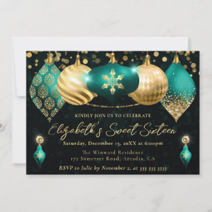 Invitación Navidades verde azulados y de oro Baubles Sweet 16
