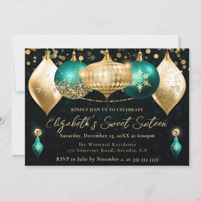 Invitación Navidades verde azulados y de oro Baubles Sweet 16 (Anverso)