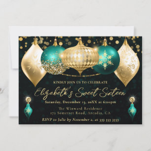 Invitación Navidades verde azulados y de oro Baubles Sweet 16