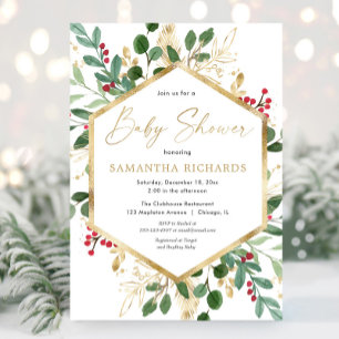 Invitación Navidades verde oro rojo grises bebé ducha