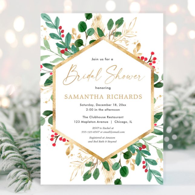 Invitación Navidades verde oro rojo grises ducha de novia (Subido por el creador)