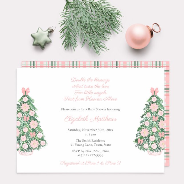 Invitación Navidades verdes bonitos gemelos Chicas Baby Showe (Maximalist pink chinoiserie, poinsettia and bows invitation for twin baby girls shower party)
