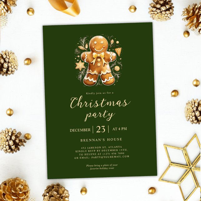 Invitación Navidades verdes Fiesta Gingerbread Holiday (Green Christmas Party Gingerbread Holiday Invitation)