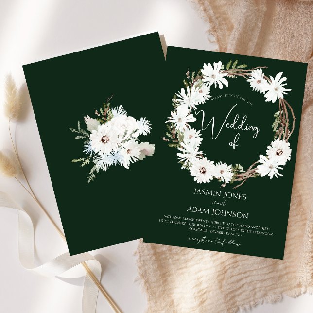 Invitación Navidades verdes florales blancos de invierno Boda (Winter White Floral Green Christmas Wreath Wedding Invitation)