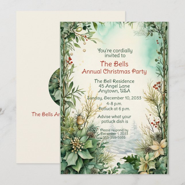 Invitación Navidades verdes flores Navidades Fiesta anual (Anverso / Reverso)
