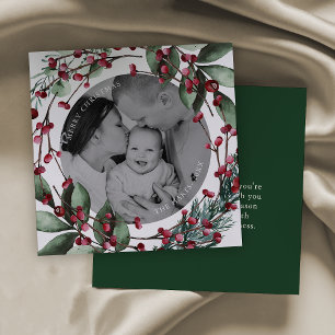 Invitación Navidades verdes oscuros escriben pino y bayas