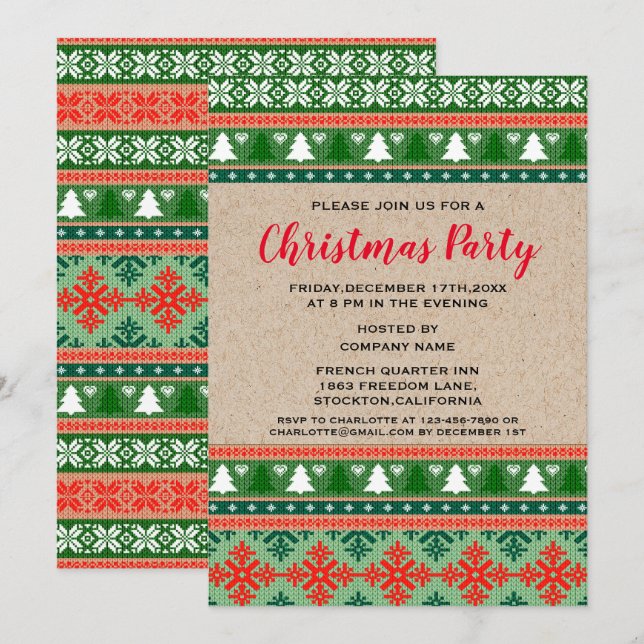 Invitación Navidades verdes rojos Fiesta corporativo suéter f (Anverso / Reverso)