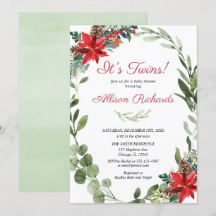 Invitación Navidades verdes rojos flores Twins ducha bebé
