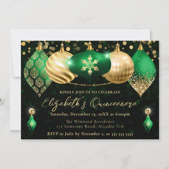 Invitación Navidades verdes y dorados baubles Quinceanera (Anverso)